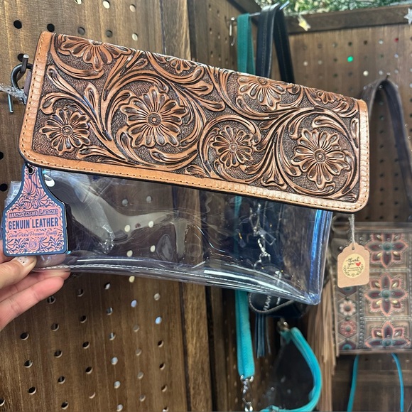 Handbags - Genuine Leather Floral Tan and Clear Women's Bag